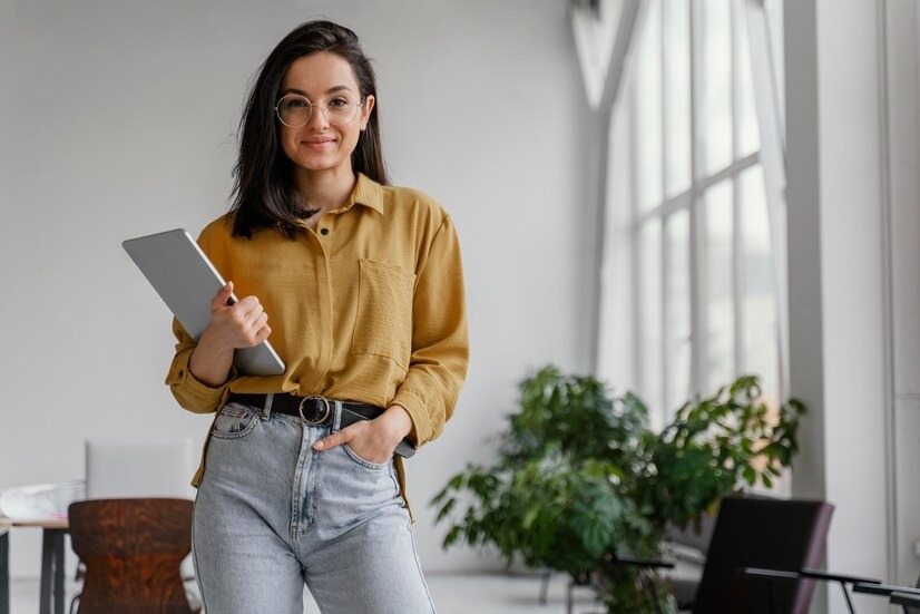 Colaboradora sorrindo segurando um tablet